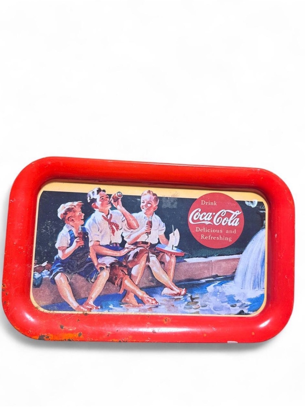 Vintage 1990’s Coca Cola Red “Boys on the Curb” Metal Tray